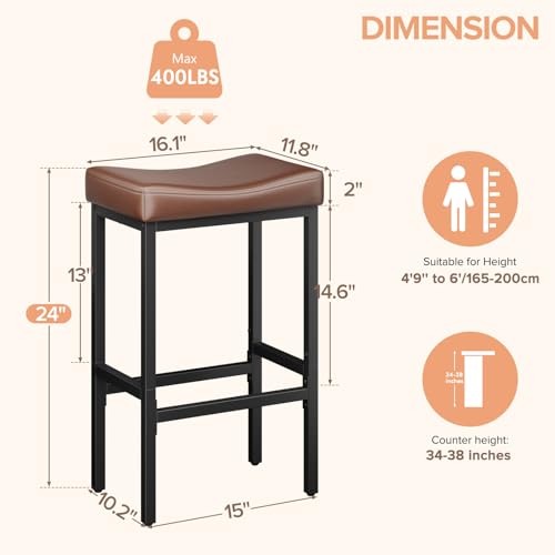 24-Inch Counter Height Bar Stools Set of 2, Faux Leather Saddle Stools
