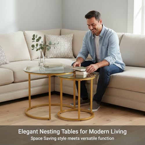 Round Nesting Coffee Table Set of 2, Modern Marble Pattern Stacking Tables