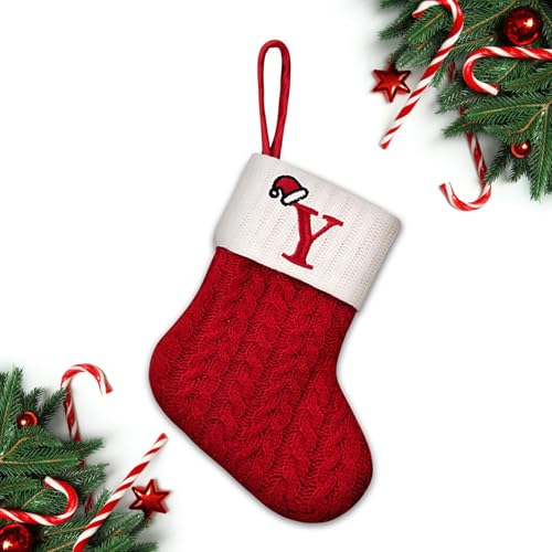 NUVCELKA Christmas Stocking Letters A-Z Red Cable Knit Mini Personalized Name Embroidered Y Variation
