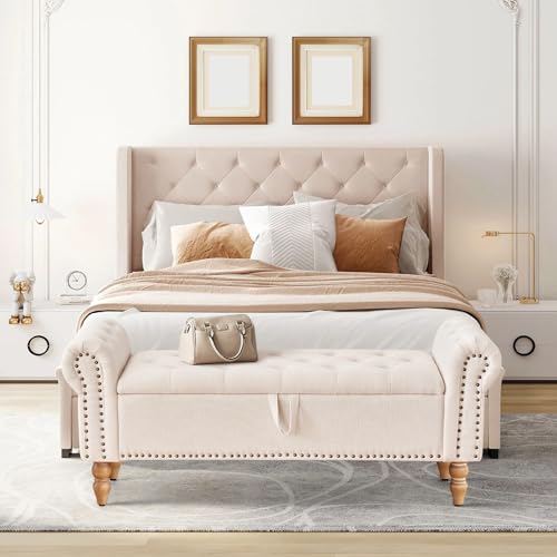 51-Inch Upholstered Storage Bench, Button-Tufted Linen Ottoman for Bedroom