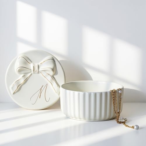 Ceramic Jewelry Box with Gold Bow Lid, White Porcelain Vanity Organizer