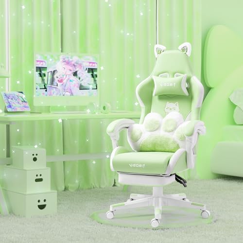 Ergonomic Cat Ear Gaming Chair with Footrest and Lumbar Support - Green