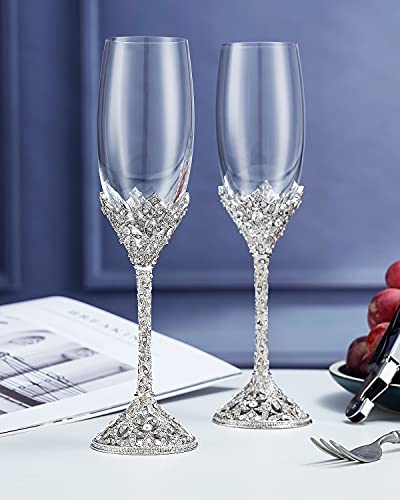 Jozen Gift Silver Crystal Champagne Flutes Set of 2 Wedding Anniversary Party Gift