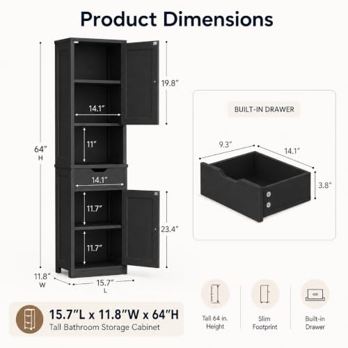 Walsunny Tall Bathroom Storage Cabinet with 6 Adjustable Shelves - Black / 1 Drawer