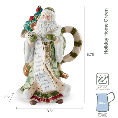 Fitz & Floyd Holiday Santa Pitcher - 48oz Green Ceramic Serving Jug