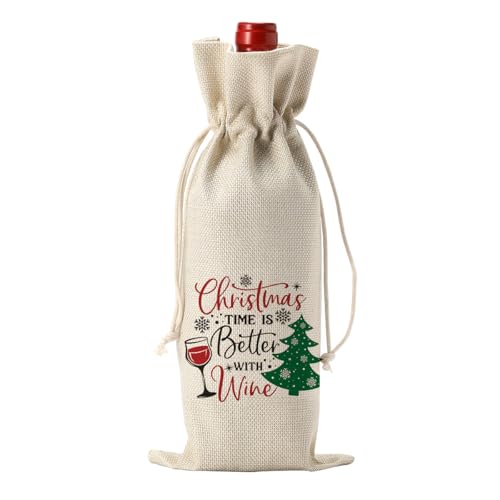 Yuanshao Funny Christmas Wine Bag with Drawstring - Linen Bottle Cover for 750ml Holidays Gift (Is Variation)