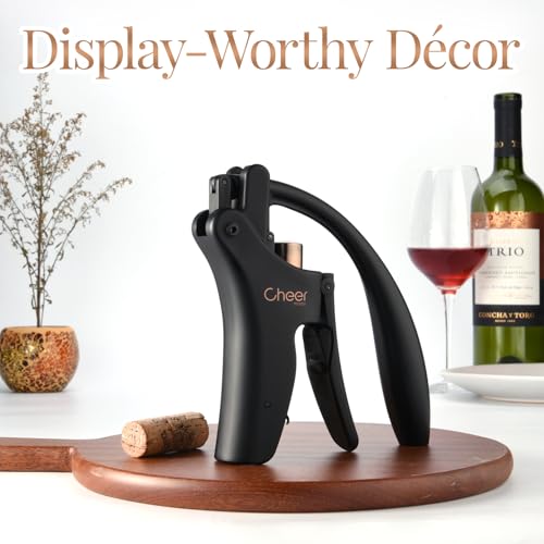 CHEER MODA Matte Black Lever Wine Opener with Rabbit Motif – Corkscrew & Foil Cutter, Replacement Screw HK03