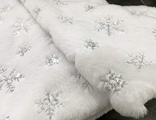 48-Inch White Faux Fur Christmas Tree Skirt with Silver Sequin Snowflakes