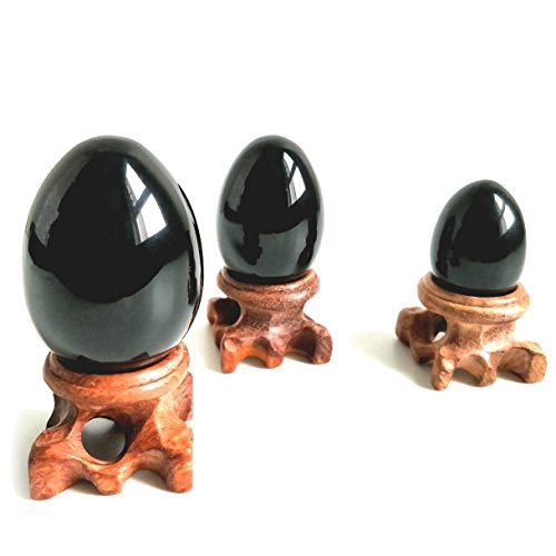 Black Obsidian Crystal Egg Set with Wooden Stands, 3-Piece Collection