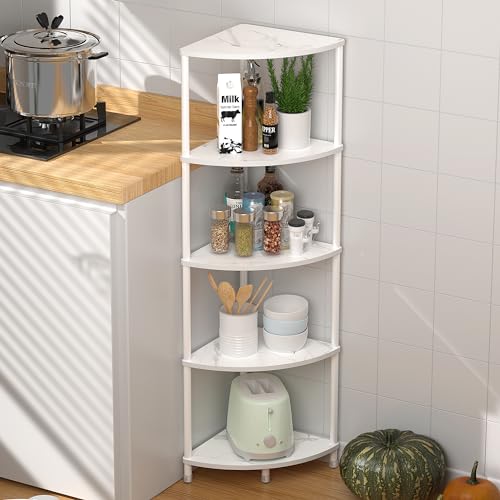 5-Tier Corner Shelf Stand, 44-inch Kitchen Storage Organizer, Marble White