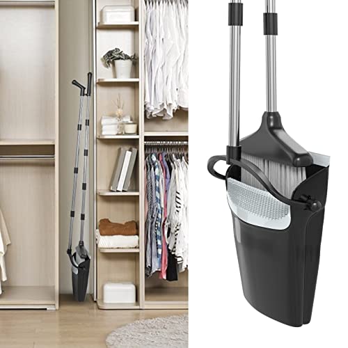Broom and Dustpan Set with Adjustable Long Handle & Built-in Comb Teeth