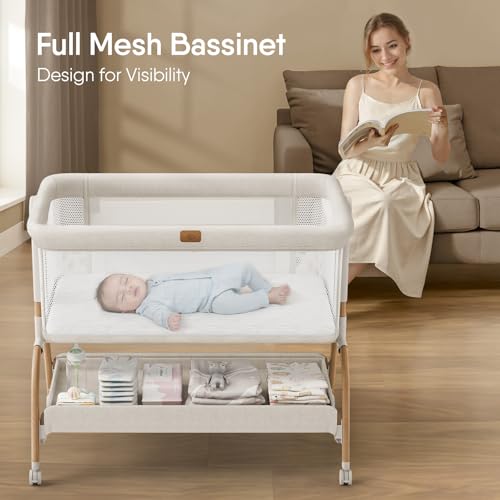 3-in-1 Bedside Bassinet Sleeper for Newborns - 6-Height Adjustable Crib, Beige