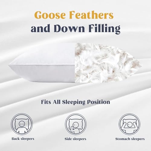 puredown Goose Feather & Down Bed Pillows Set of 2 - 100% Cotton Cover
