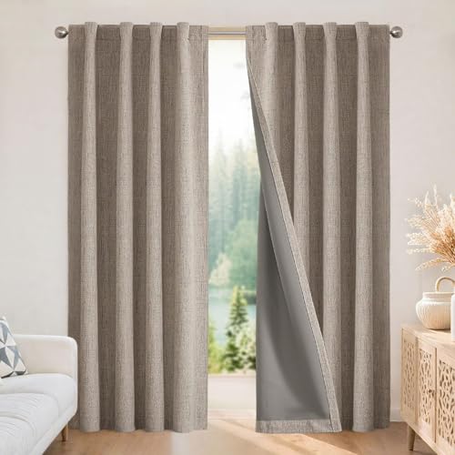 100% Blackout Linen Curtains - Thermal Insulated 84" Window Drapes, Set of 2