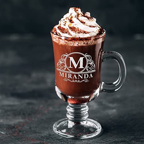 Cuptify Custom Glass Mug Elaborate Circle Font Blue 8.5 oz Irish Coffee Cup with Personalized Text Birthday Gift for Men & Women