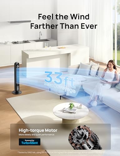 Dreo Tower Fan, Quiet 28dB Oscillating Standing Fan with Remote