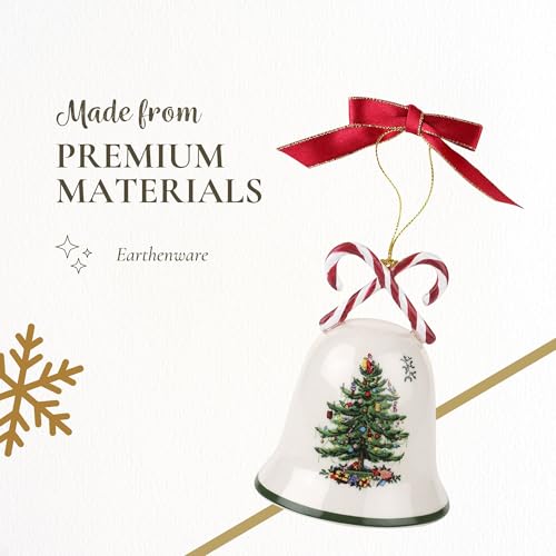 Earthenware Christmas Candy Cane Bell Ornament with Red Ribbon, 3.5 Inch
