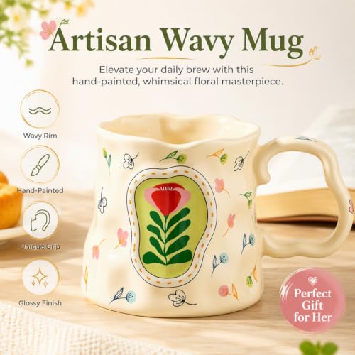 VABILNIY Hand Painted Floral Ceramic Mug 13.5 oz Creamy Yellow with Unique Curved Handle