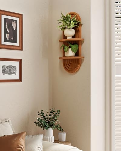 2-Tier Arched Wooden Floating Wall Shelf for Plants Boho Decor