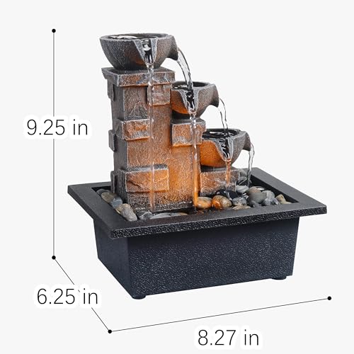 Tabletop Water Fountain with LED Lights & River Rocks - 3-Tier Zen Waterfall