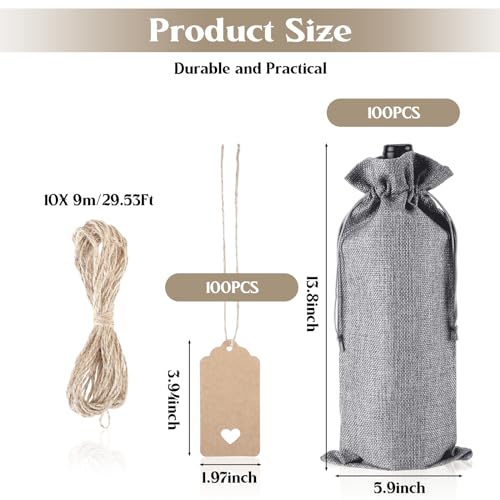 Windyun 100Pcs Burlap Wine Bags with Drawstring, Gray, Gift Sacks for 750ml Bottles