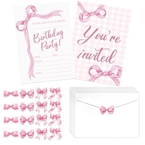 Pink Bow Birthday Invitations - 20 Sets with Envelopes & Stickers