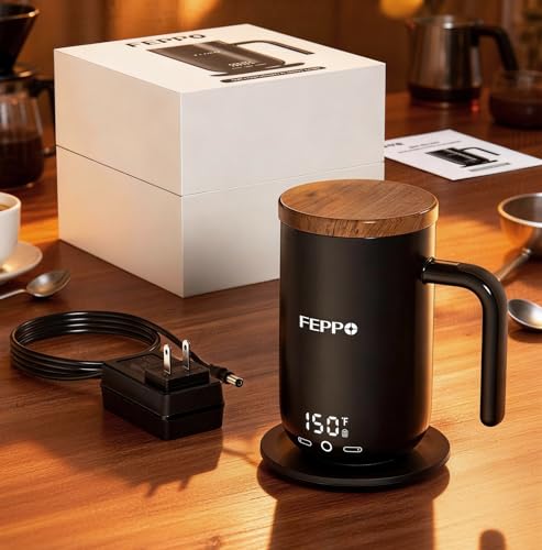FEPPO Black 16oz Heated Coffee Mug Warmer with Titanium Coating & Digital Display