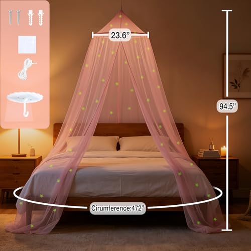 Glow-in-the-Dark Stars Pink Bed Canopy - Princess Netting for Kids Bed