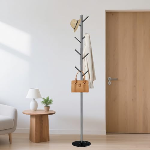 Freestanding Metal Coat Rack with Natural Marble Base, 8-Hook Coat Stand