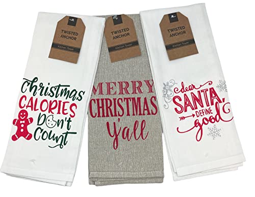 3-Pack Funny Christmas Kitchen Towels Set | Includes 2 White & 1 Beige Linen Towels, Gift-Ready in Organza Bag