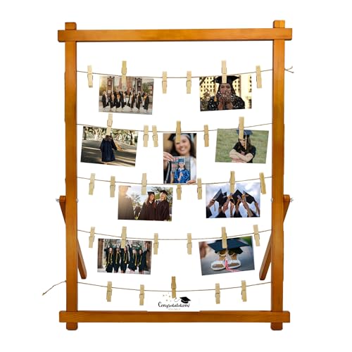 Freestanding Wood Photo Display Board with 30 Clips for Tabletop Decor