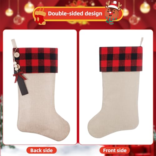 Personalized Burlap Christmas Stockings 5 Pcs with Buffalo Plaid Cuff & Wooden Name Tags - DIY Name + 19.5in (Shgngle, 5pcs)