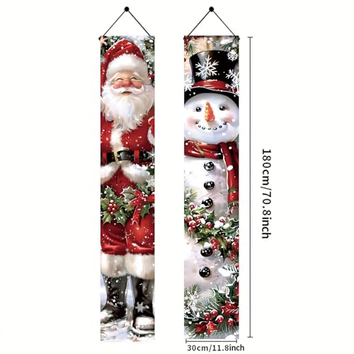 Saoplasa 2PCS Christmas Porch Banner Decorations Santa and Snowman Outdoor Sign 71x12 Inch Holiday Front Door Decor