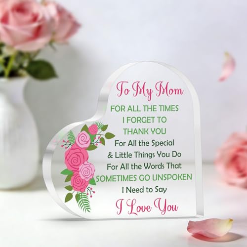 I Love You Gifts for Mom Heart Acrylic Plaque - Mothers Day Birthday Gift from Daughter Son