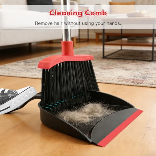 Broom and Step-On Dustpan Set with Adjustable Long Handle & Comb