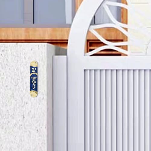 Blue Metal Mezuzah Case with Scroll, Messianic Seal Door Blessing