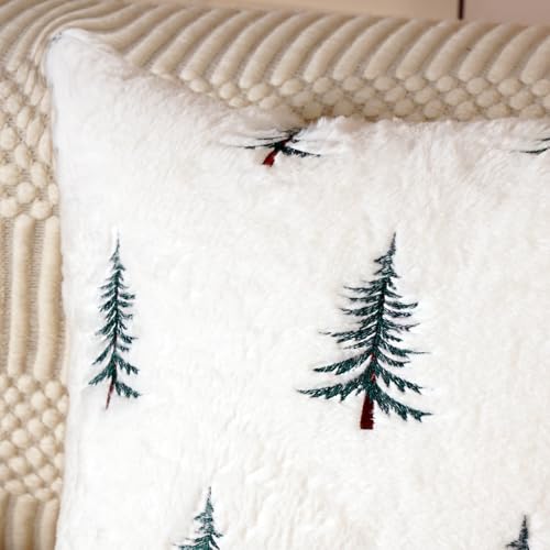 Christmas Pillow Covers 18x18 Set of 2 Christmas Tree Pillow Covers with Embroidered Soft Plush Faux Fur Farmhouse Decorations for Winter Holiday Home Bedroom Sofa Cushion Cases