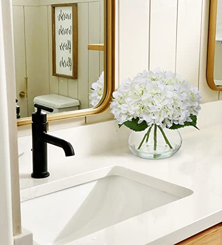 White Silk Hydrangea Artificial Flowers in Glass Vase with Faux Water