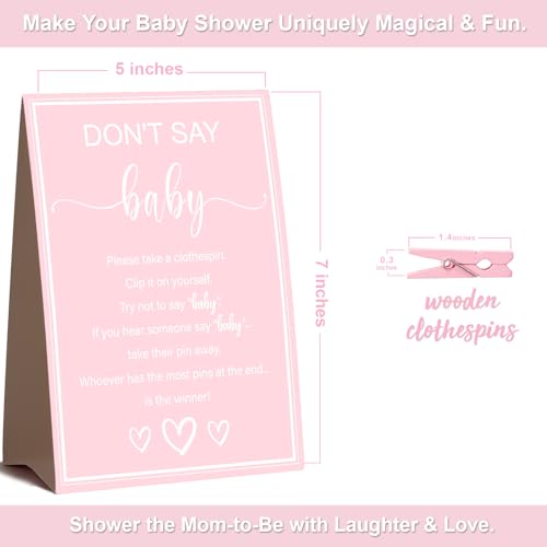 Don't Say Baby Shower Game Set with 52 Pink Clothespins and Sign