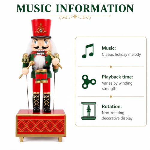 Wooden Nutcracker Music Box - Handmade Christmas Soldier Figurine, 11 Inch Holiday Decor