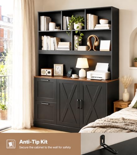 NORTHSKY 72-Inch Tall Bookshelf with Power Outlet & File Drawers - Black