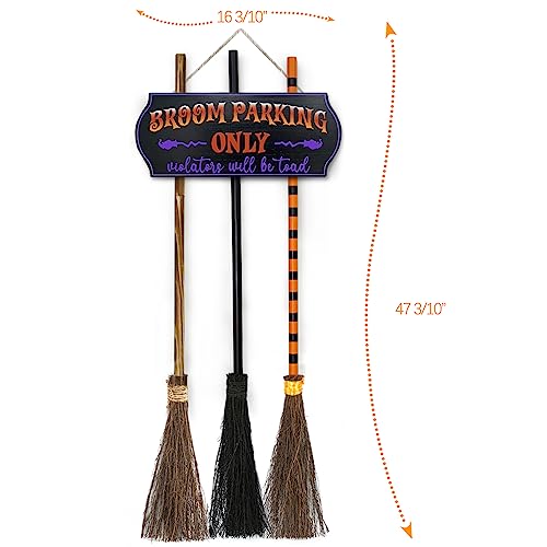 Halloween Broom Parking Sign with 3 Wooden Witch Brooms - Porch Wall Decor