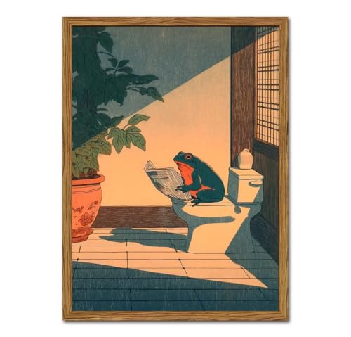 Funny Frog Bathroom Wall Art - Japanese Frog on Toilet Framed Canvas 12x16