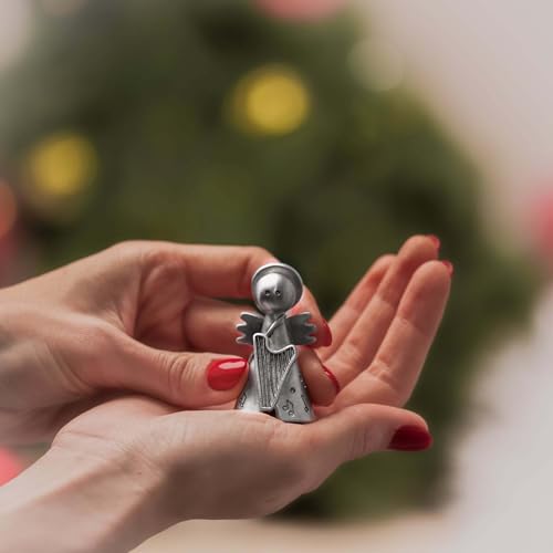 Handmade Pewter Angel with Harp Nativity Figurine - Christmas Decor, 2.5 Inch