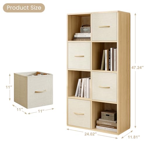 8-Cube Solid Wood Storage Organizer with 4 Foldable Fabric Bins