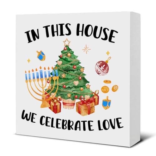 Christmas Hanukkah Wooden Desk Sign - In This House We Celebrate Love 5x5 Inches
