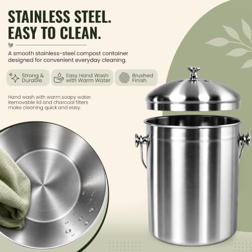 Epica Silver Kitchen Compost Bin 1.3 Gallons - Odor-Free Countertop Organizer