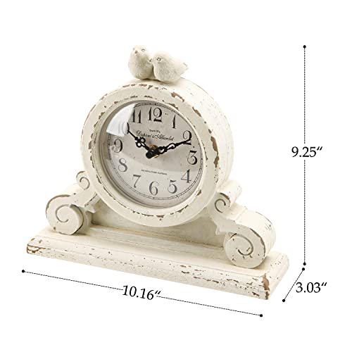 Vintage Bird Mantel Clock - Shabby Chic Distressed White Wooden Desk Clock
