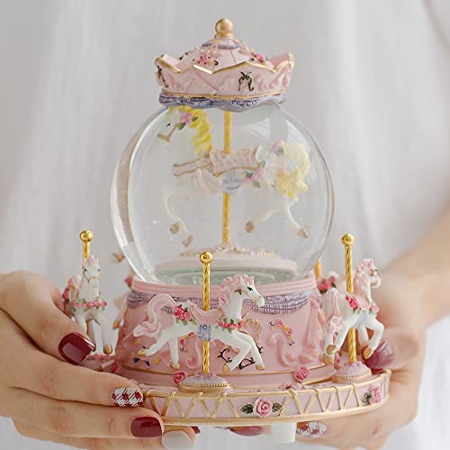 Carousel Music Box with LED Color Lights, Rotating Snow Globe Decor