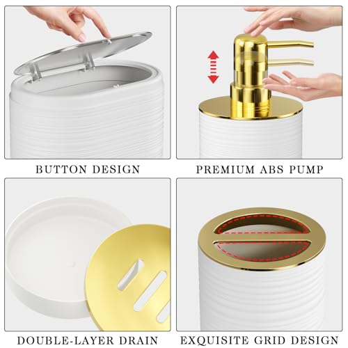 10-Piece Bathroom Accessory Set with Trash Can, White and Gold Organizer